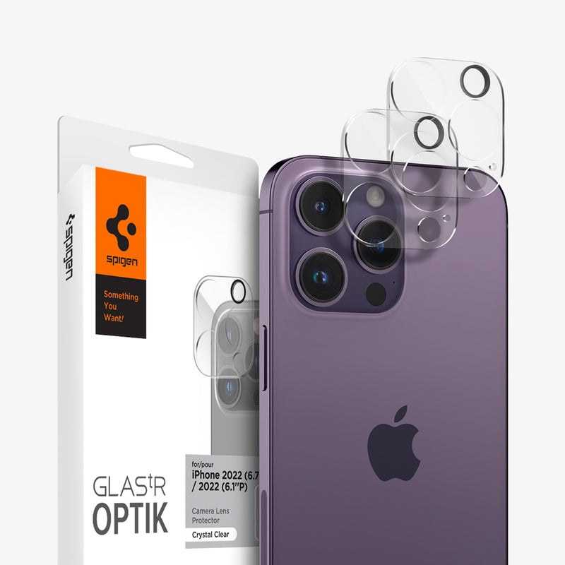 AGL05761 - iPhone 14 Pro / 14 Pro Max Optik Lens Protector in crystal clear showing the device, two optik lens protectors and packaging
