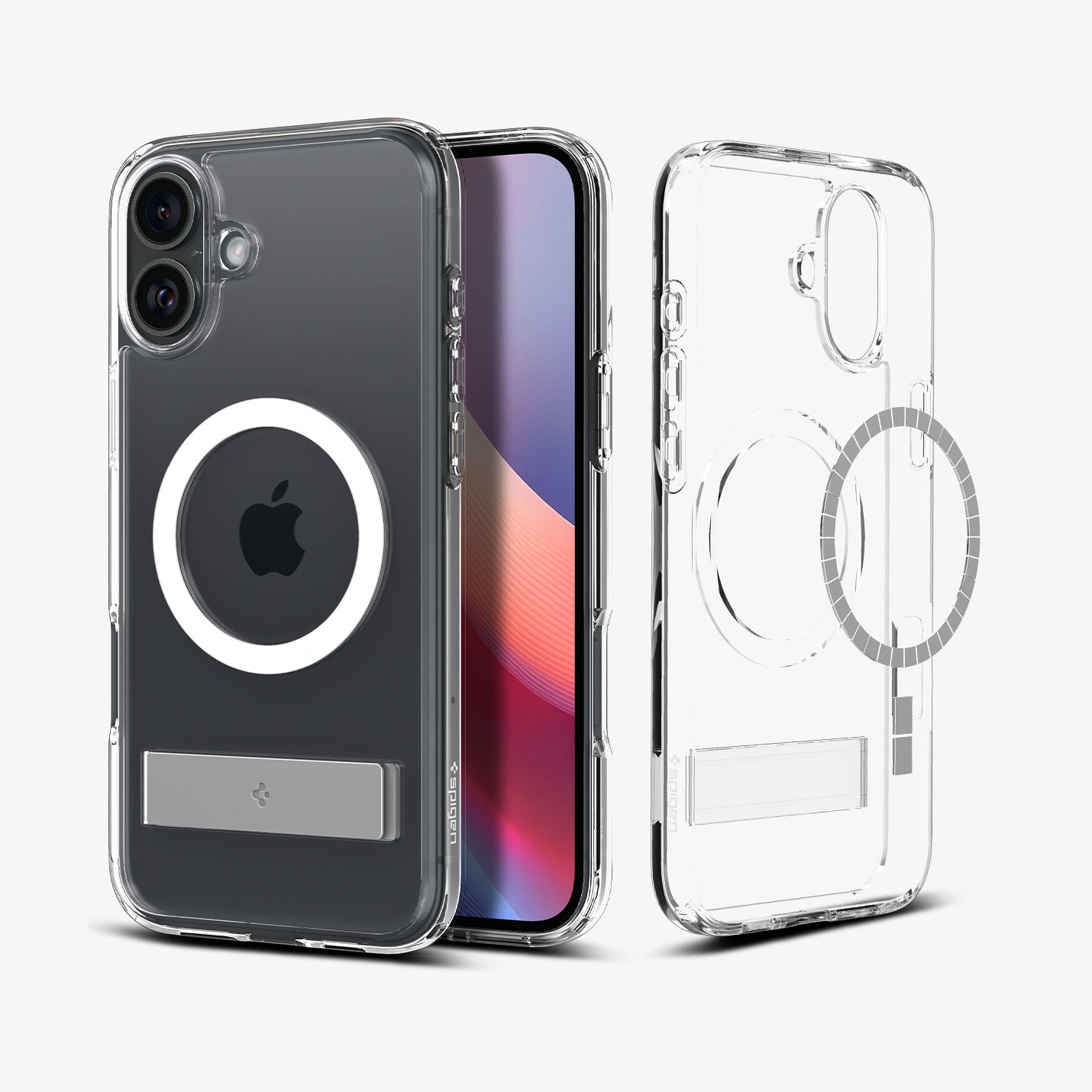 ACS08082 - iPhone 16 Plus Case Ultra Hybrid S (MagFit) in Crystal Clear showing the back, partial sides, front, inner and a magsafe metal ring plate hovering in front