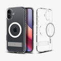 ACS08212 - iPhone 16 Case Ultra Hybrid S (MagFit) in Crystal Clear showing the back, partial sides, front, inner and a magsafe metal ring plate hovering in front