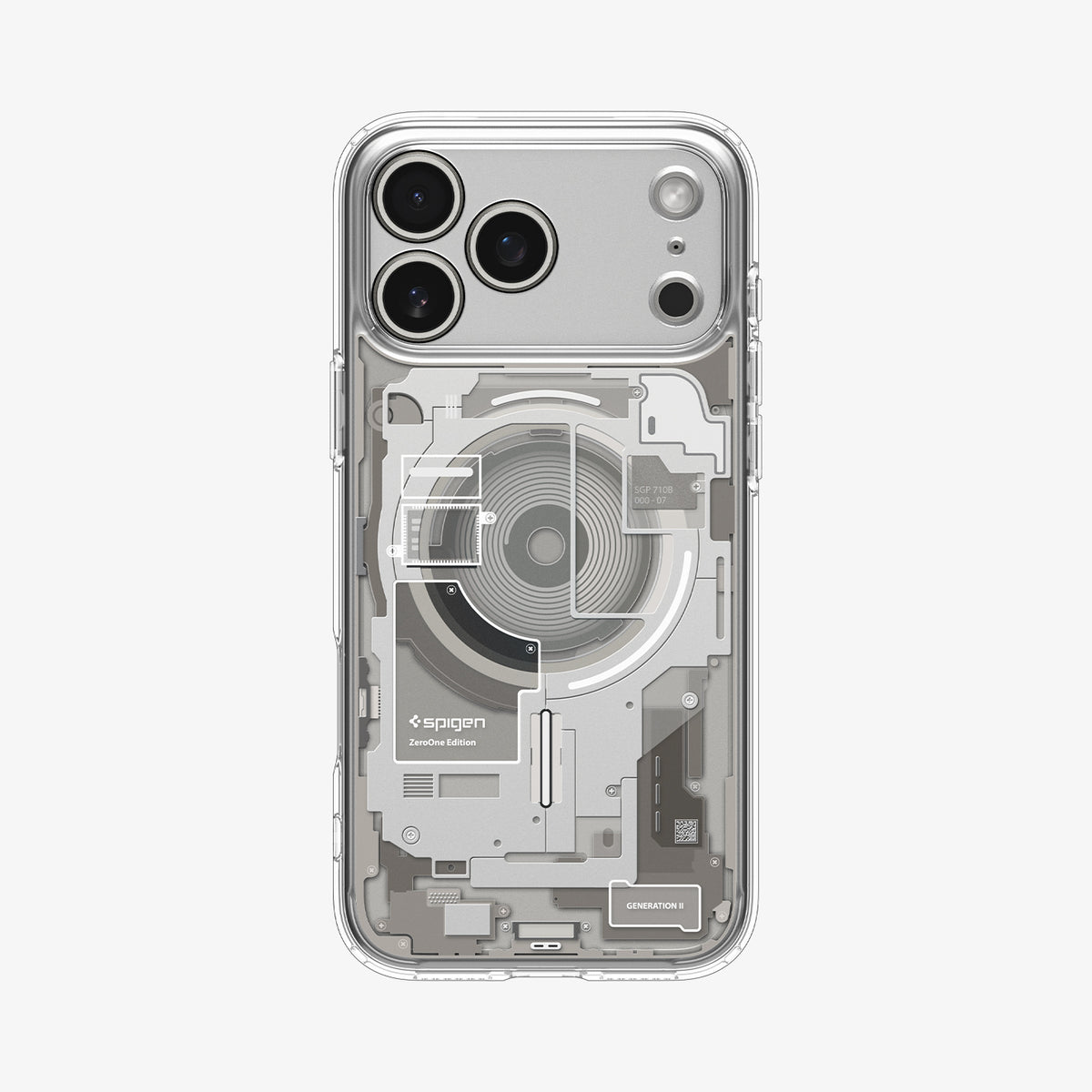 ACS10072CA - iPhone 18 Pro / iPhone 17 Pro Ultra Hybrid Zero One (MagFit) Natural Titanium showing a clear case with a detailed teardown-inspired back design and integrated magnetic ring