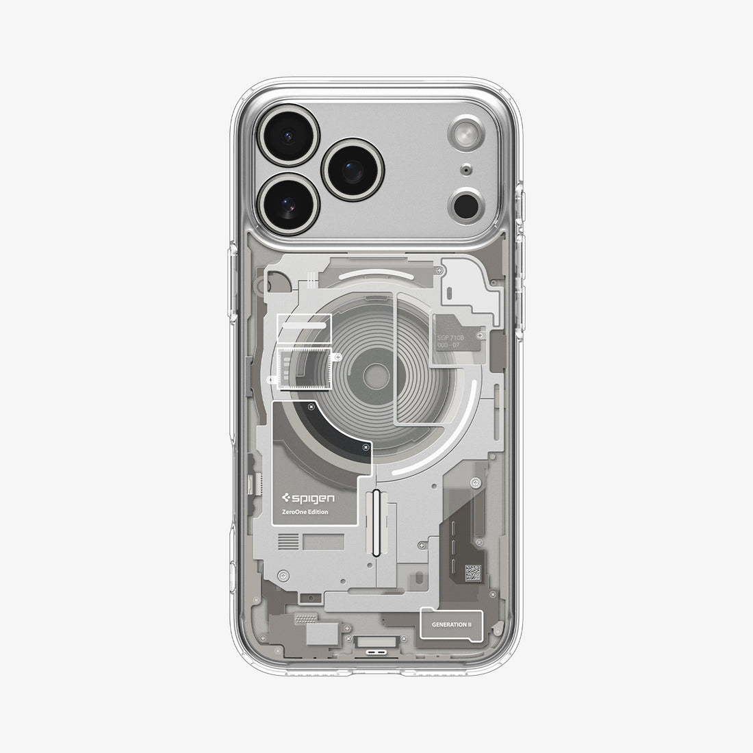 ACS10041CC -  iPhone 18 Pro Max / iPhone 17 Pro Max Ultra Hybrid Zero One (MagFit) Natural Titanium showing a clear case with a detailed teardown-inspired back design and integrated magnetic ring