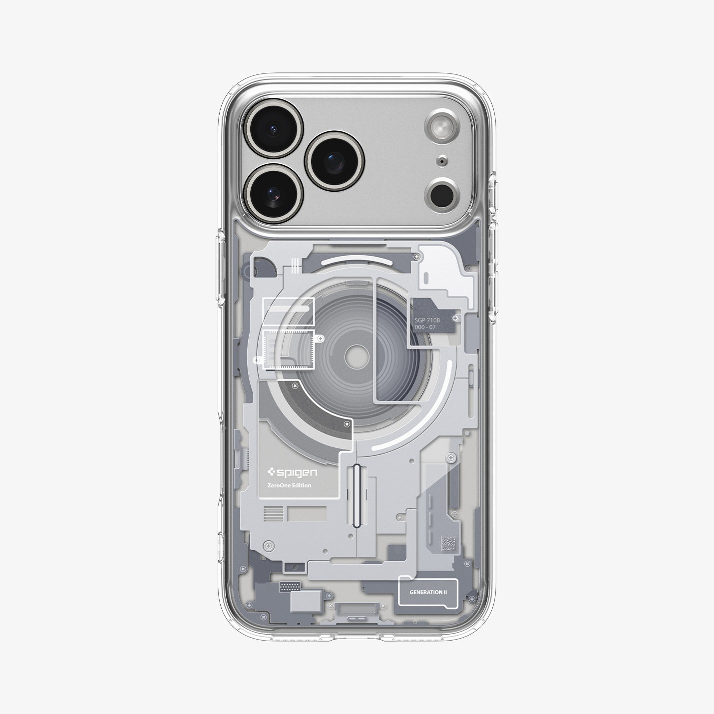 ACS10040CA - iPhone 18 Pro Max / iPhone 17 Pro Max Ultra Hybrid Zero One (MagFit) White showing a clear case with a detailed teardown-inspired back design and integrated magnetic ring