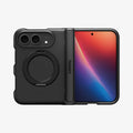 ACS11780 - iPhone Duo Slim Armor Pro S (Mag Fit) showing the case fully open with integrated circular kickstand, hinge protection, and raised camera edges