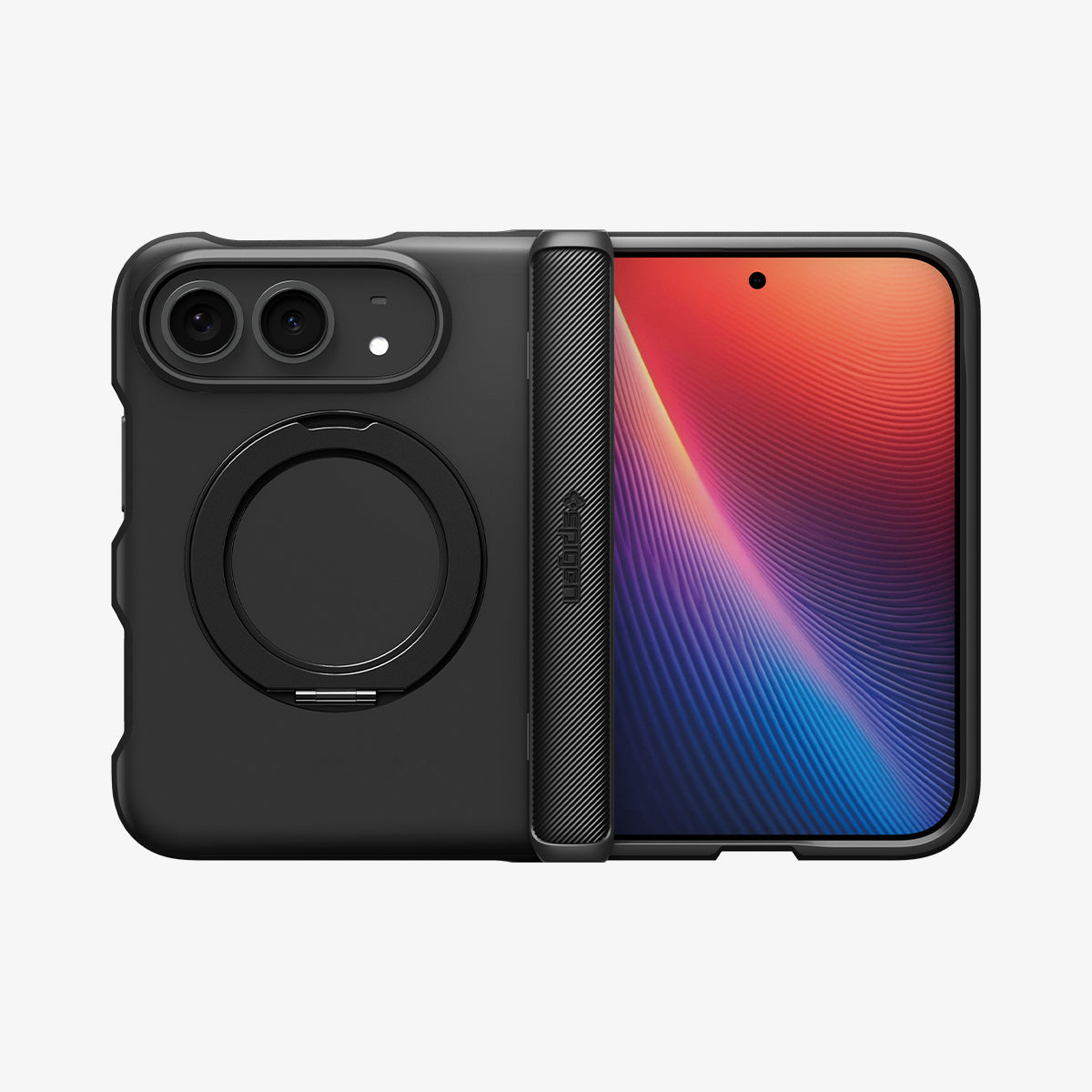 ACS11780 - iPhone Duo Slim Armor Pro S (Mag Fit) showing the case fully open with integrated circular kickstand, hinge protection, and raised camera edges