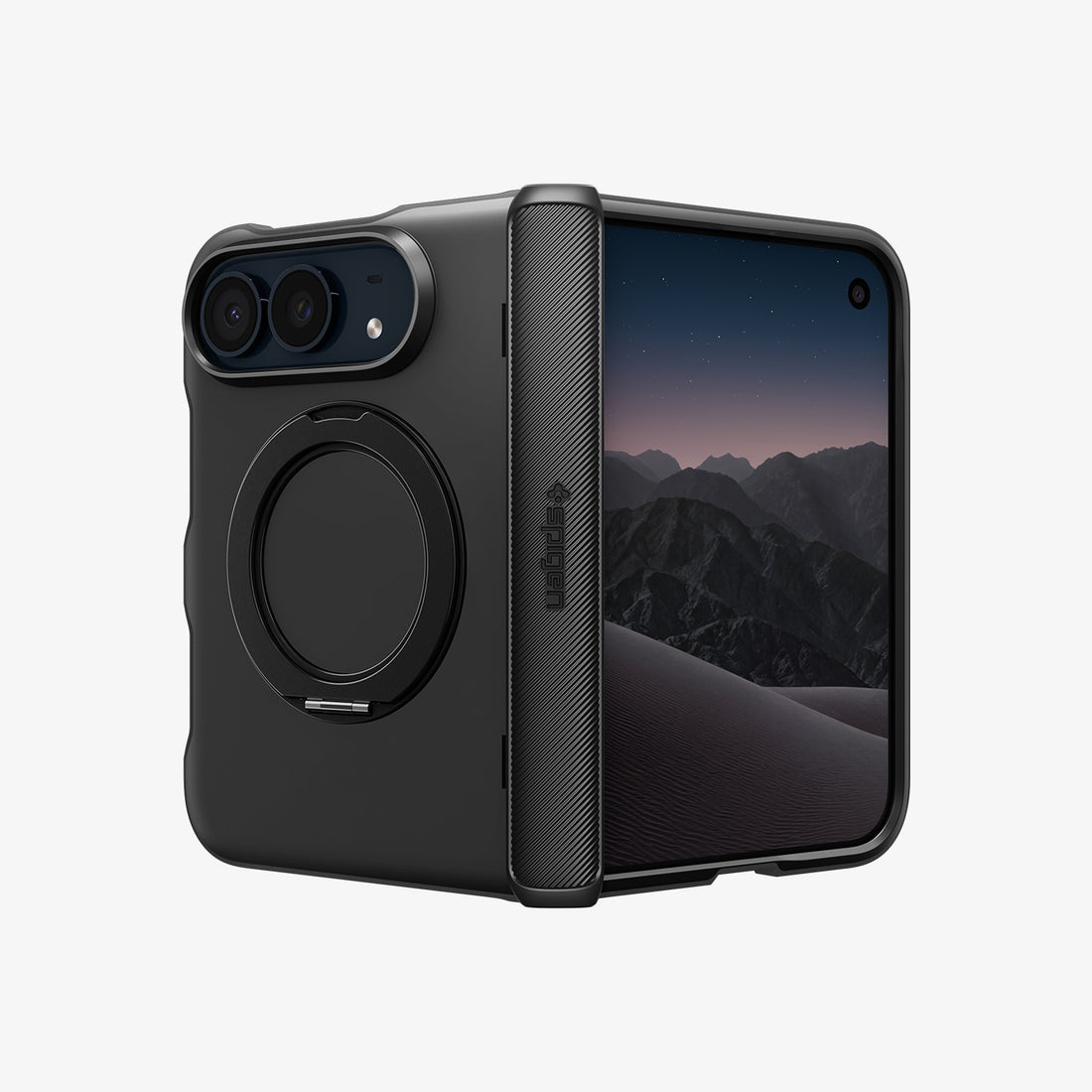 ACS11780 - iPhone Duo Slim Armor Pro S (Mag Fit) showing a foldable phone case with a built-in circular ring stand, textured hinge cover, and raised camera edges.