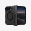ACS11780 - iPhone Duo Slim Armor Pro S (Mag Fit) showing a foldable phone case with a built-in circular ring stand, textured hinge cover, and raised camera edges.