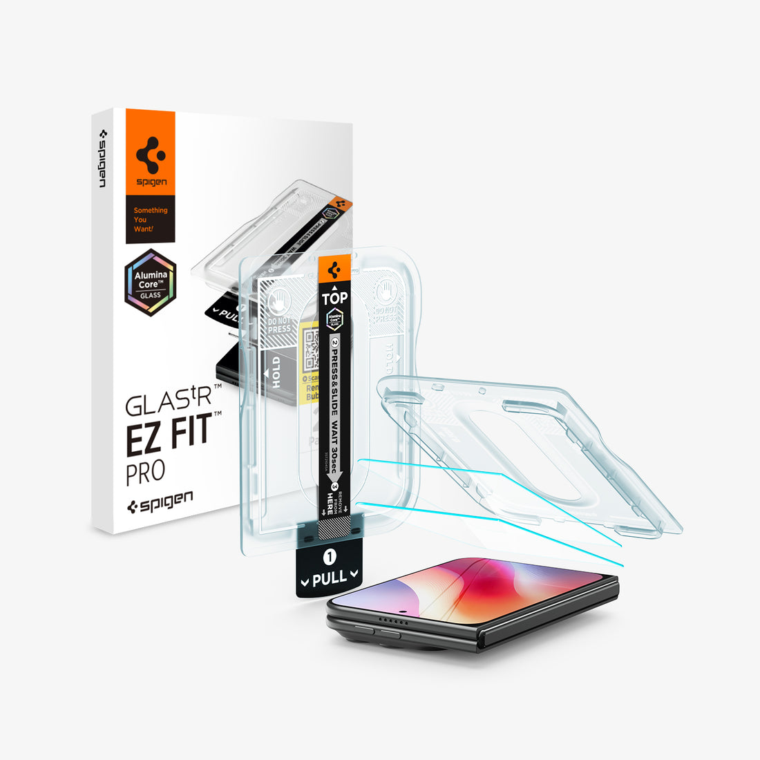 AGL12007 - iPhone Duo Glas.tR EZ Fit Pro showing the screen protector, installation tray, packaging, and application components.