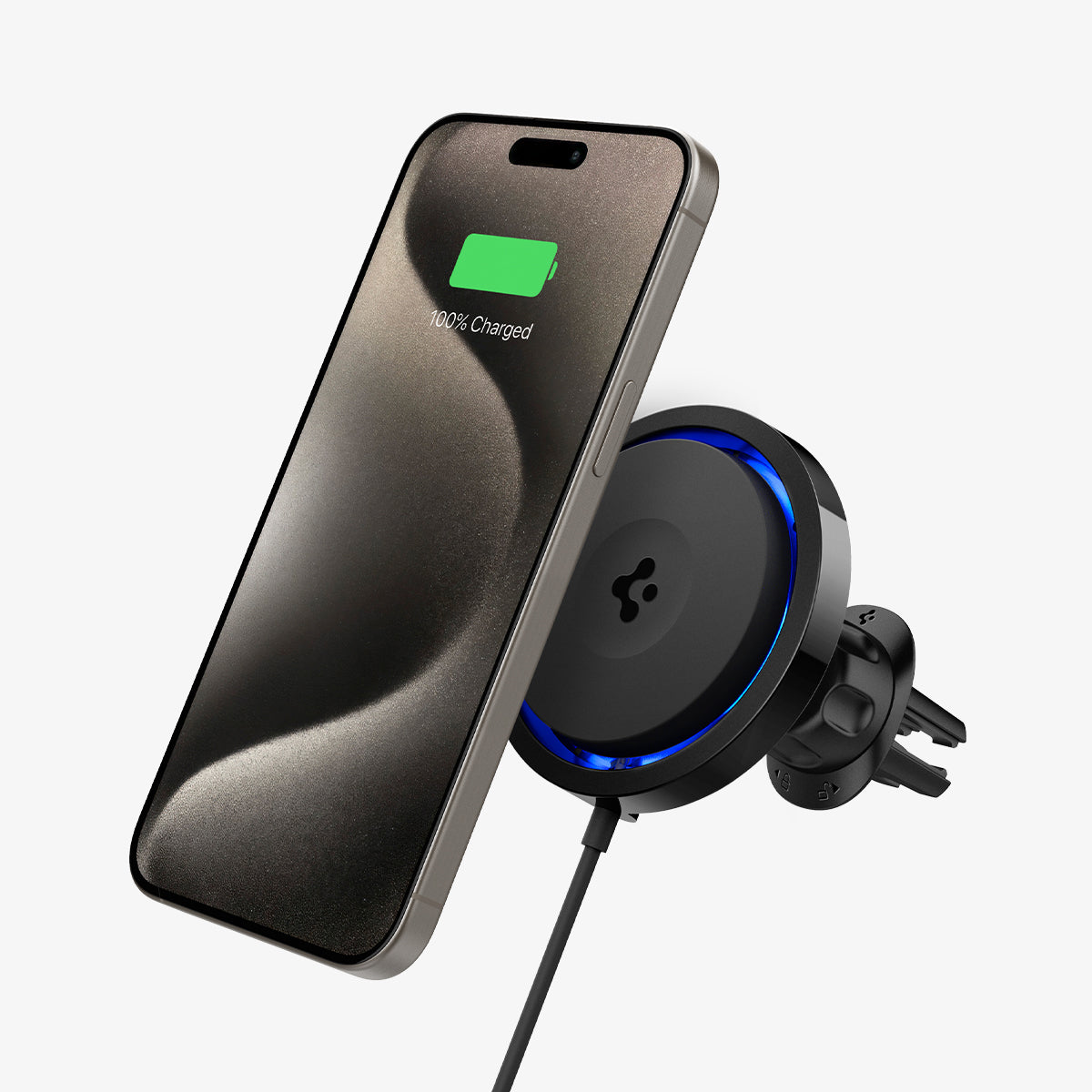 ACP07082 - OneTap Pro 3 CryoMax Air Vent Car Mount ITS12WC (MagFit) in Black showing the front of device hovering above a car mount wireless charger