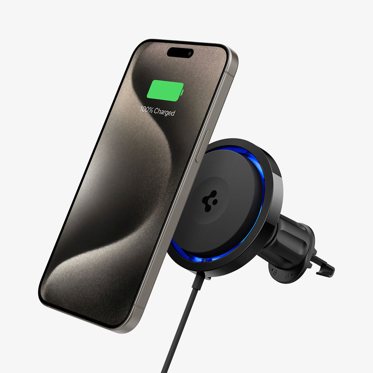 ACP07446 - OneTap Pro 3 CryoMax Hook Car Mount ITS13WC (MagFit) in Black showing the front of a device hovering in front of a car mount wireless charger