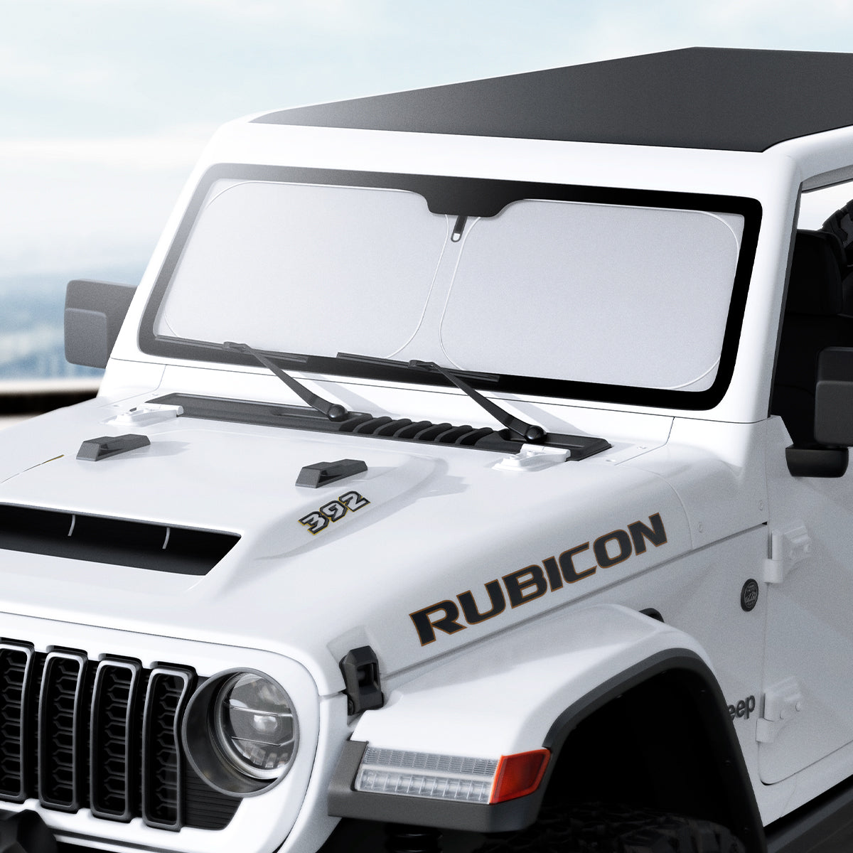 ACP09110 - Wrangler (2024) CryoShade JO260 in Black showing the front of the vehicle with sunshade installed