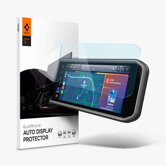 AGL07279 - Jeep Wrangler Screen Protector GLAS.tR SLIM showing the touch screen display, screen protector and packaging