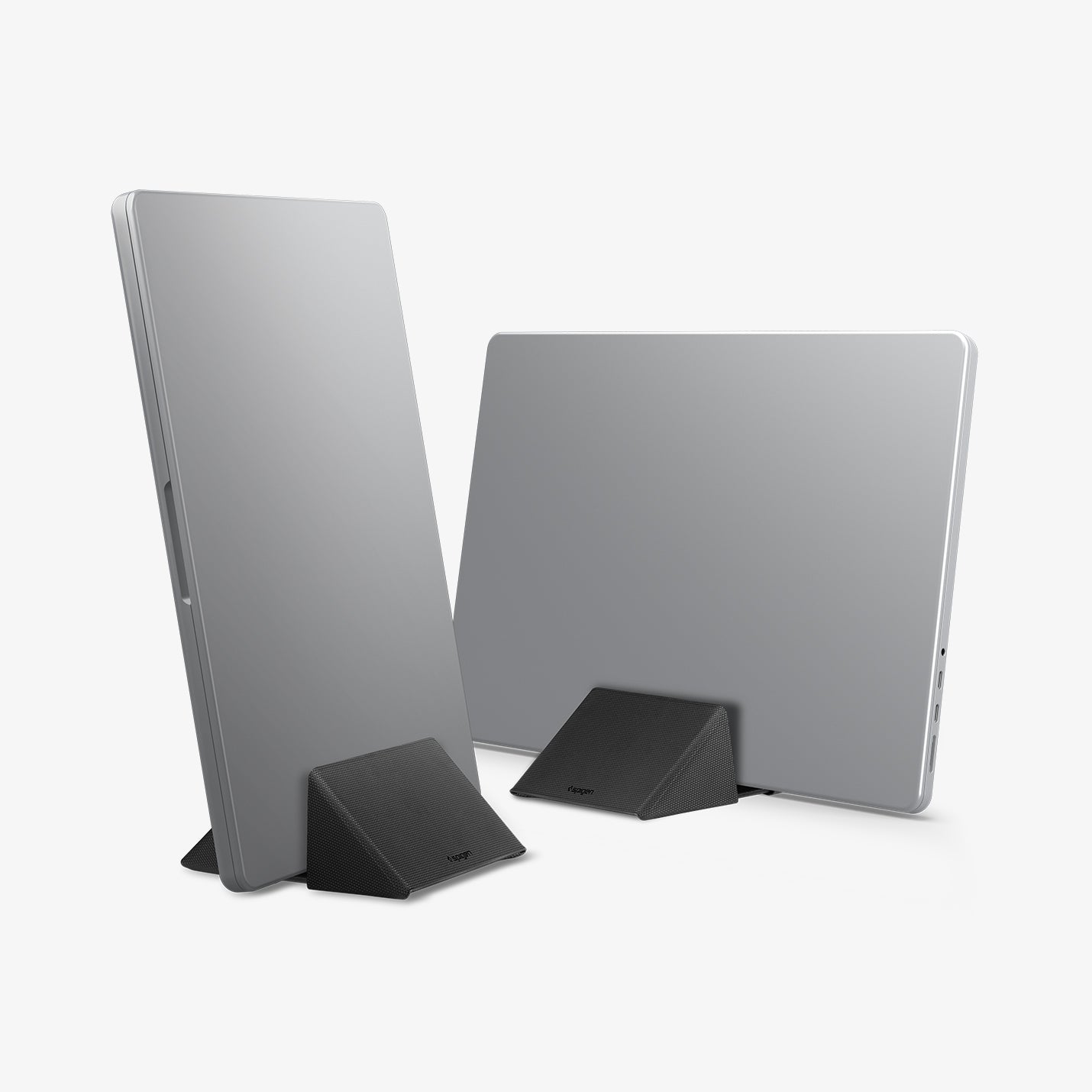 AMP11118 - Slim Fold Laptop Stand | Non-Adhesive | Black LD201-S9 showing Macbook laptop and iPad vertically standing propped up with laptop stand