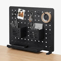 AHP11400 - Clamp Pegboard | LD405 showing clamp pegboard on wooden desk with pens, scissors, keys, tape, and phone organized using hooks and bins
