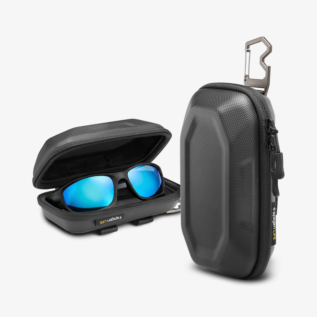 ACS09444 - [LF520] Universal Sunglass Case in Black showing a rugged hard-shell zippered case with a textured exterior, carabiner clip, and a sunglasses securely stored inside.