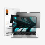 AFL06253 - MacBook Air Safe View in Privacy showing the front of a screen protector hovering in front of device and beside it is a packaging