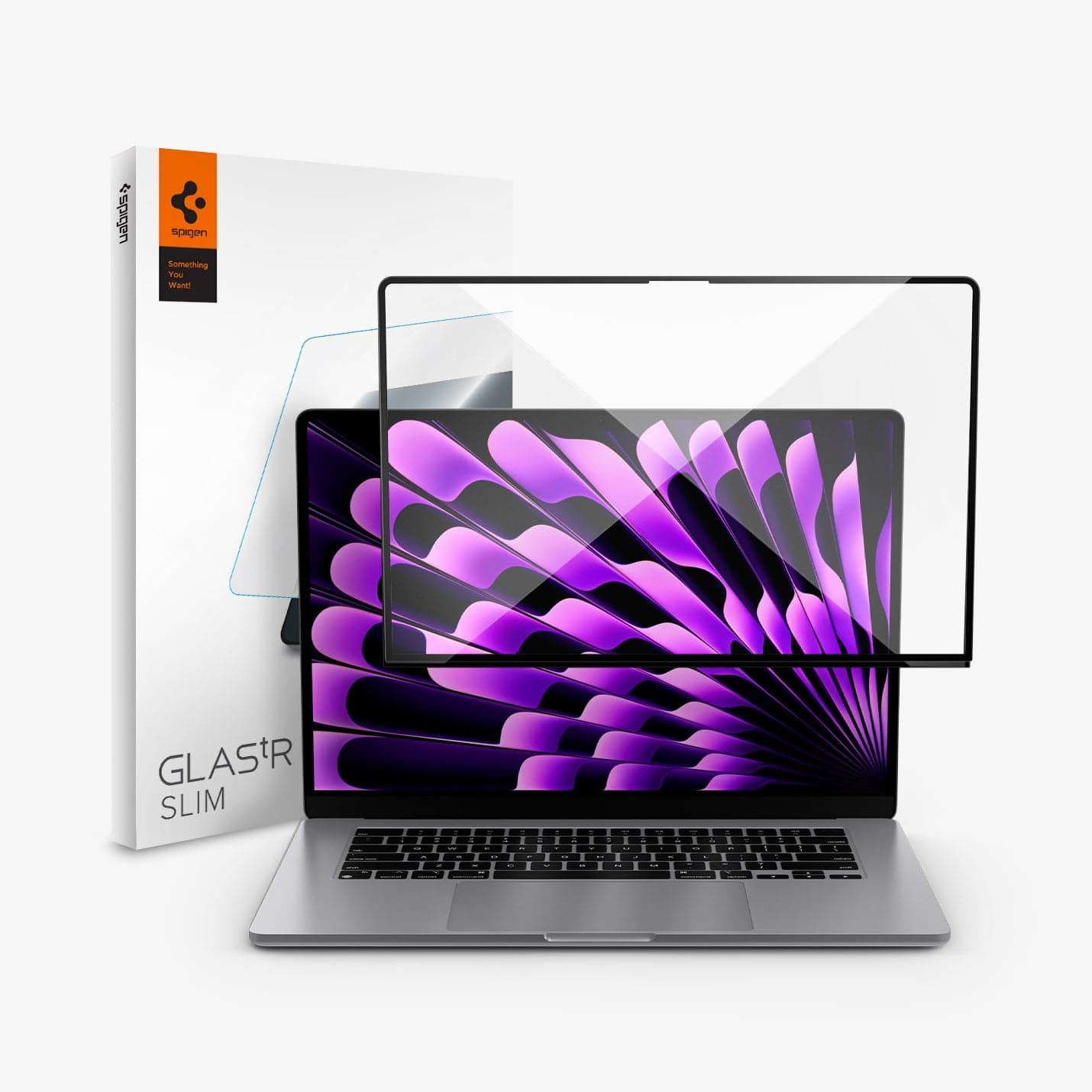 AGL06950 - MacBook Air 15" (2023) Screen Protector GLAS.tR SLIM showing the device, screen protector and packaging