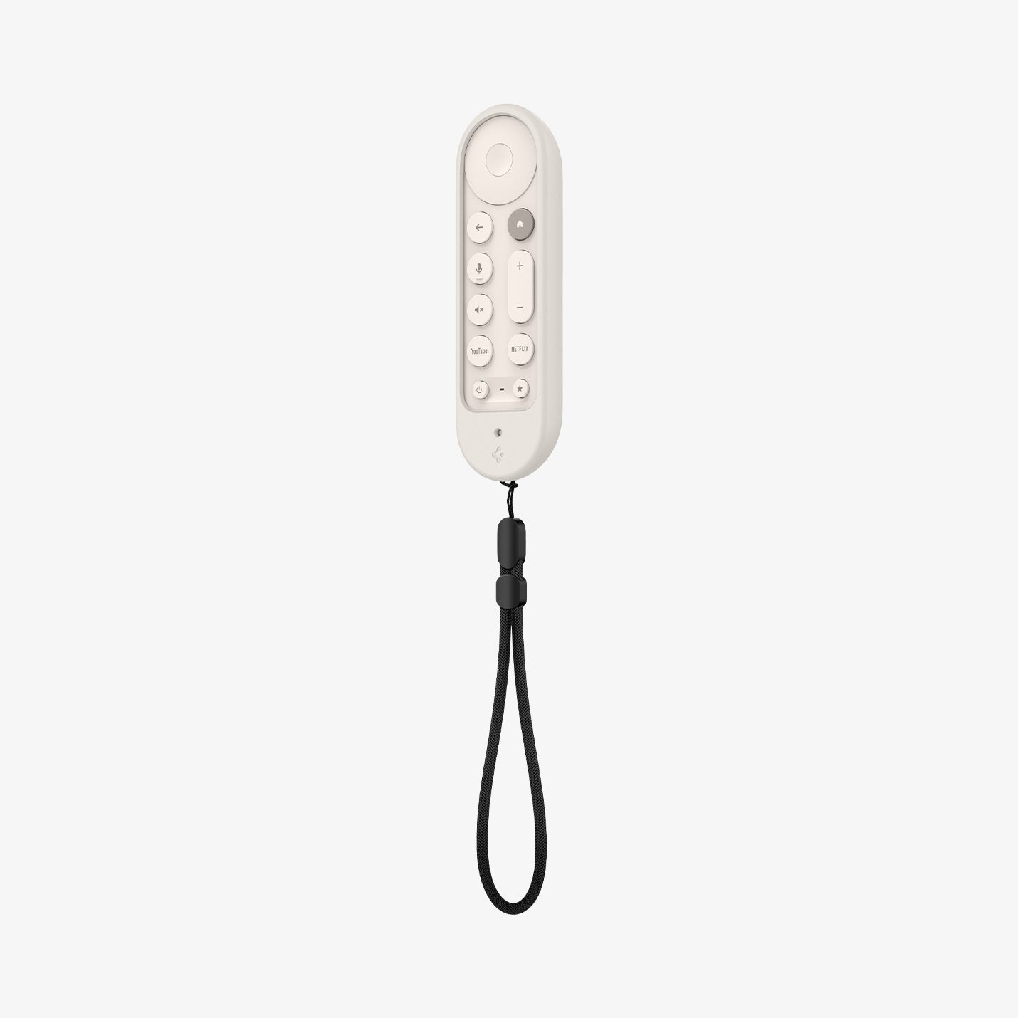 ACS07975 - Google TV Streamer Silicone Fit Voice Remote in Porcelain showing the front, partial side with strap