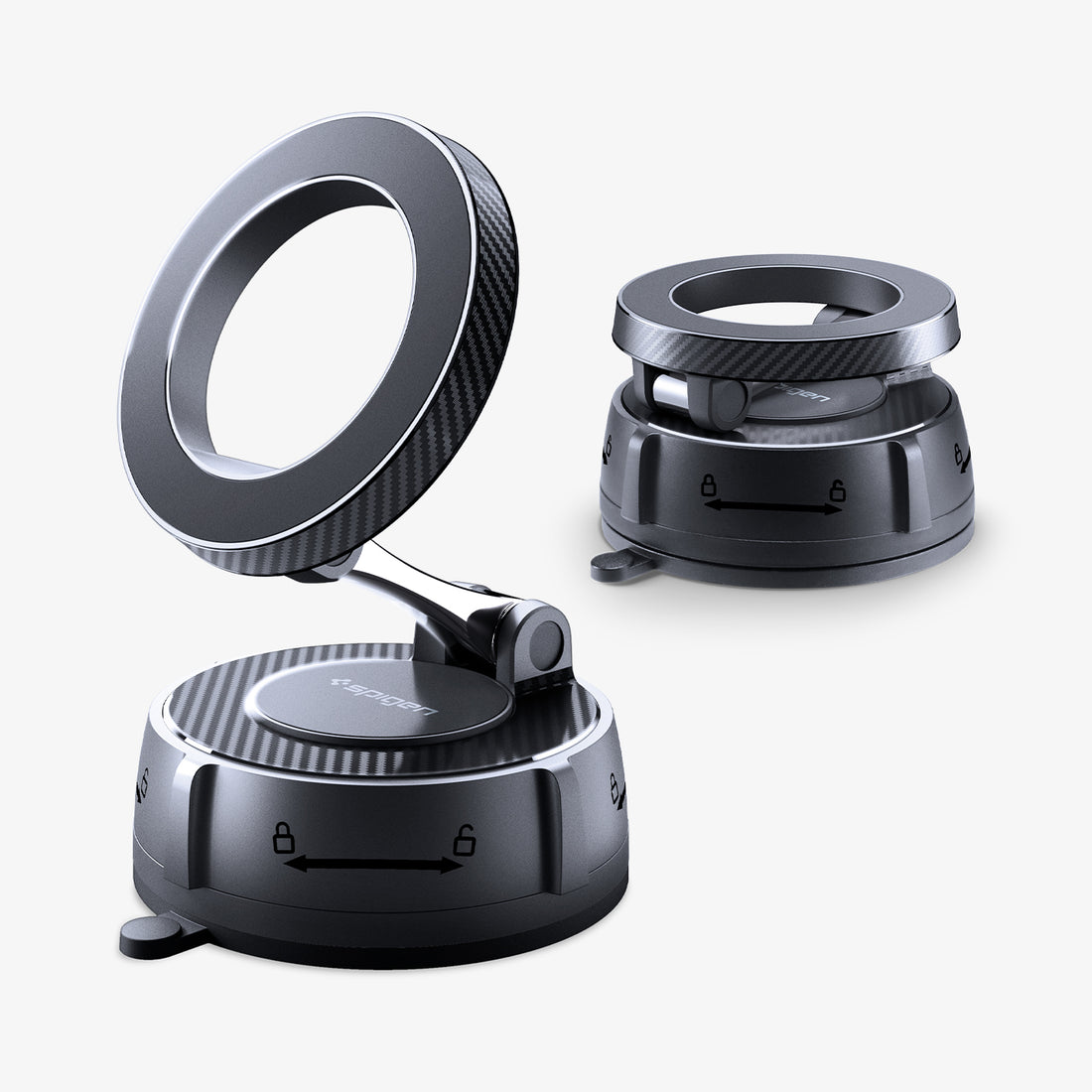 ACP11658 - Spigen Magnetic Car Mount (Mag Fit) MFT 36-1 showing the car mount in two configurations, open and folded, against a white background