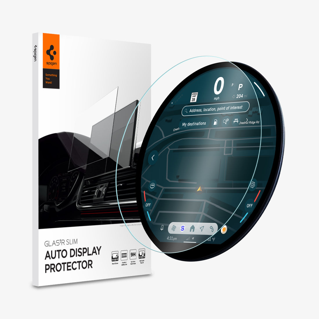 AGL09280 - Spigen Glas.tR Slim Auto Display Protector packaging box next to the tempered glass screen protector being applied to a round car display