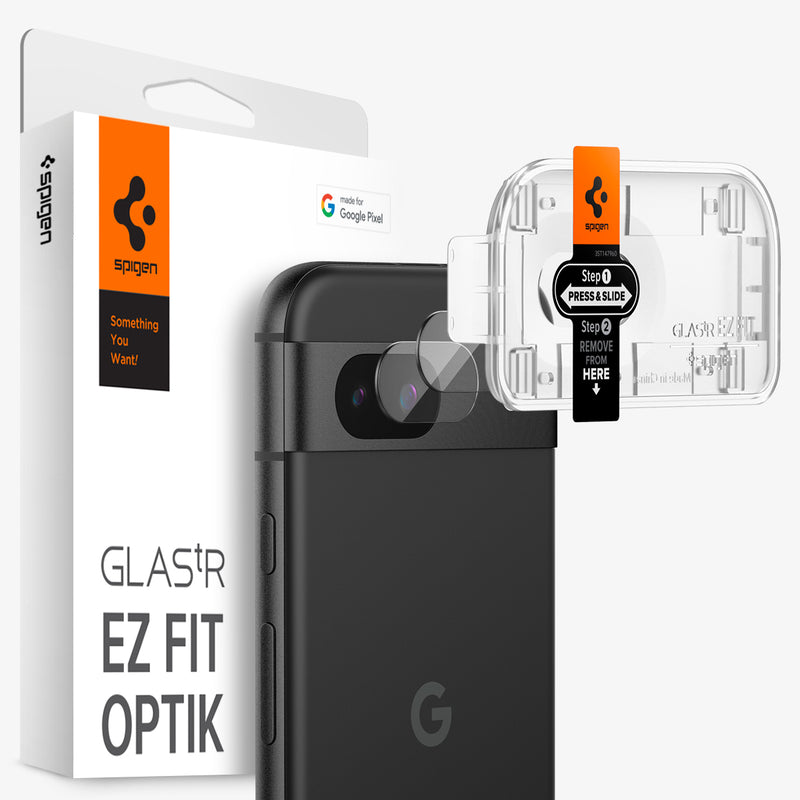 AGL07465 - Pixel 8a Optik EZ Fit Lens Protector in Crystal Clear showing the top of the alignment tray hovering in front of 2 lens protectors, the device and the packaging