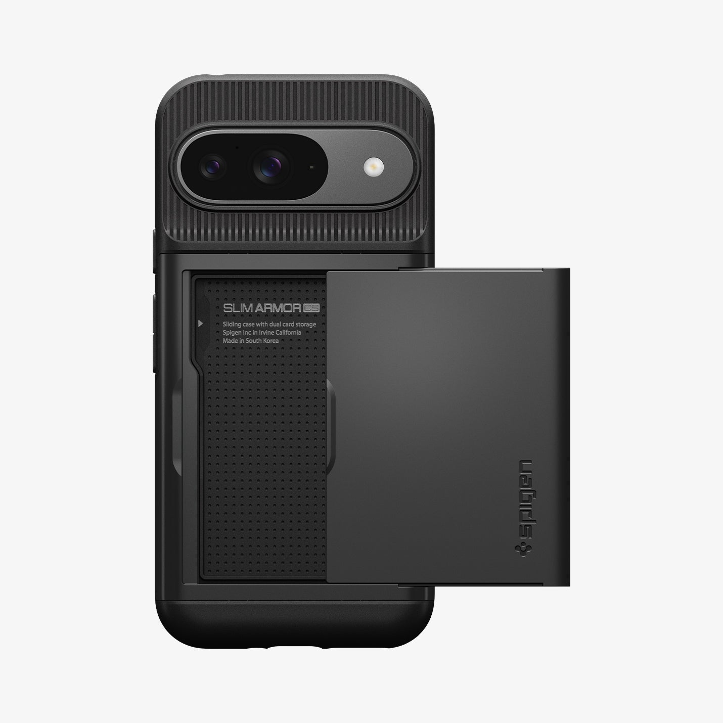 ACS07695 - Pixel 9 Pro Case Slim Armor CS in Black showing the back, and card slider open