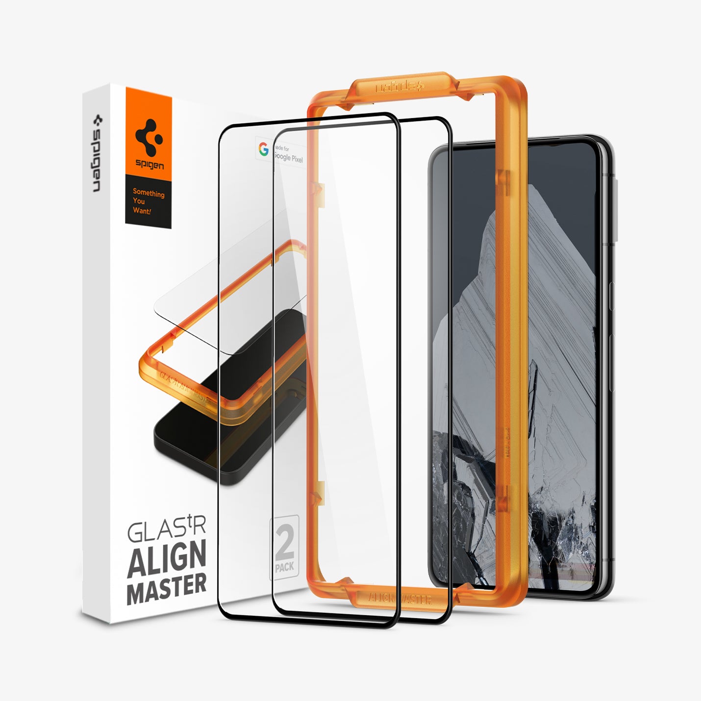 AGL06353 - Pixel 8 Pro Alignmaster Screen Protector showing the device, two screen protectors, alignment tray and packaging