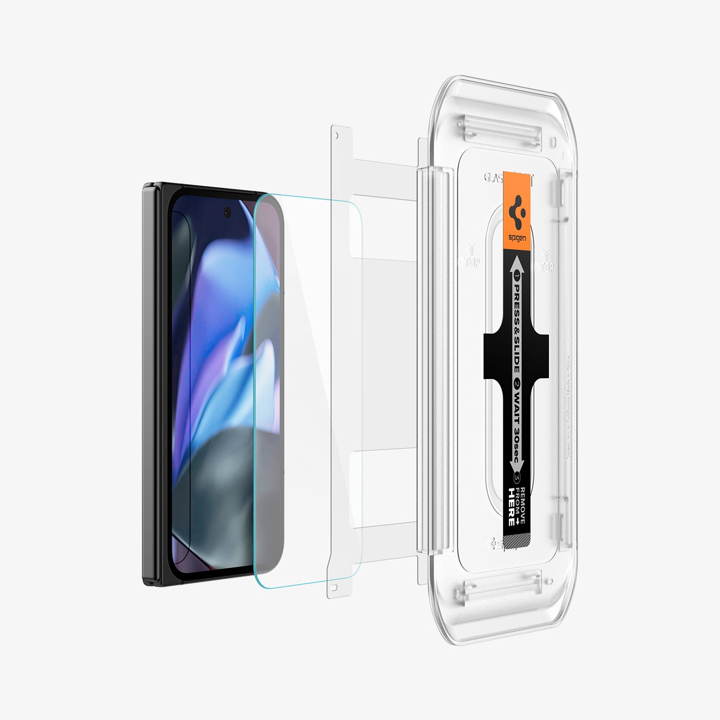 AGL07873 - Pixel 9 Pro Fold GLAS.tR EZ Fit Screen Protector showing the screen protector, protective film and ez fit tray hovering in front of device