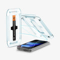 AGL09106 - Pixel 9 Pro Fold GLAS.tR EZ Fit in Clear showing the installation tray hovering above the 2 screen protectors and the device, beside it is another installation tray