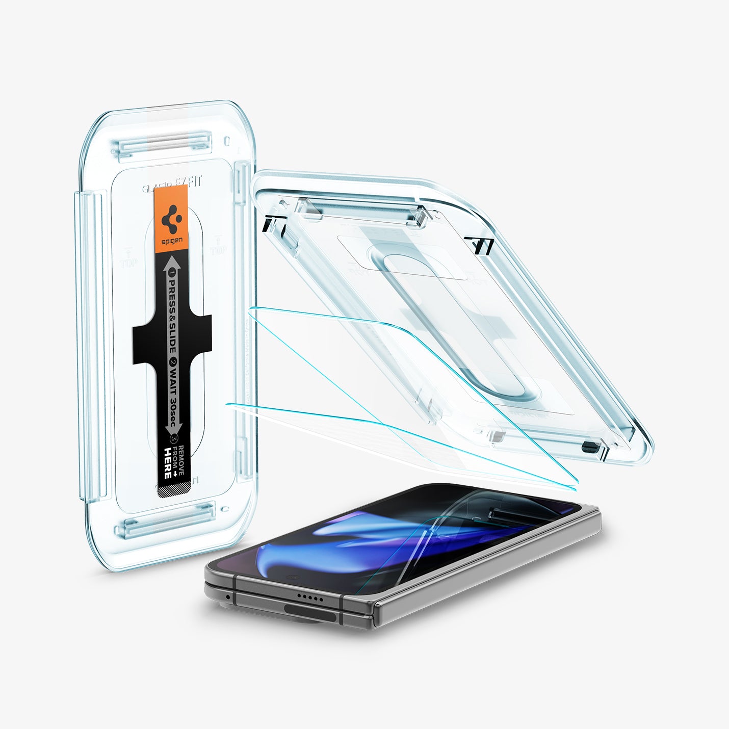 AGL07873 - Pixel 9 Pro Fold GLAS.tR EZ Fit Screen Protector showing the ez fit tray and two screen protectors hovering above the device