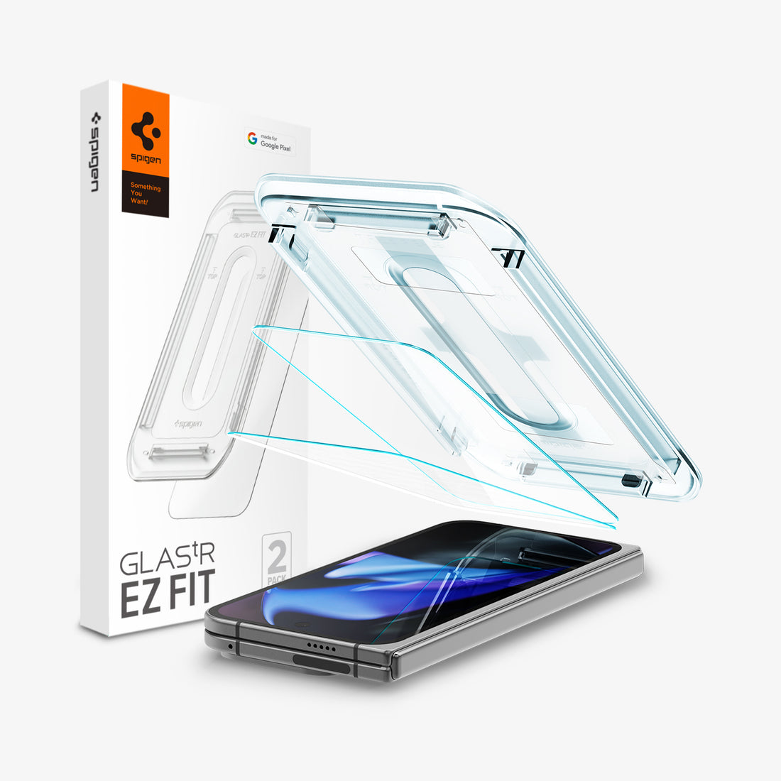 AGL09106 - Pixel 9 Pro Fold GLAS.tR EZ Fit in Clear showing the installation tray hovering above the 2 screen protectors and the device beside it is the packaging