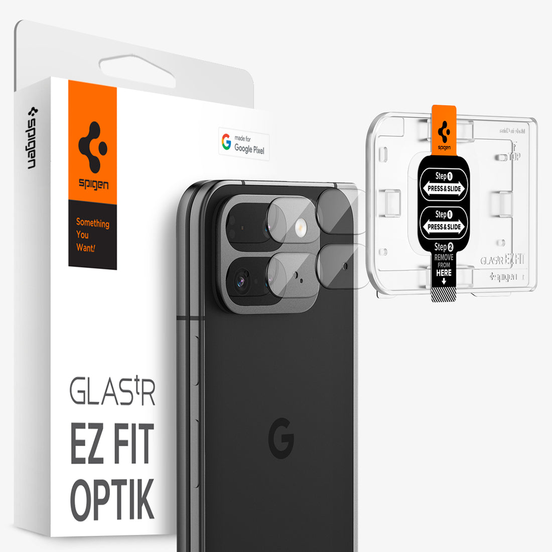 AGL08269 - Google Pixel 9 Pro Fold Optik EZ Fit Lens Protector showing the device, lens protector, ez fit tray and packaging