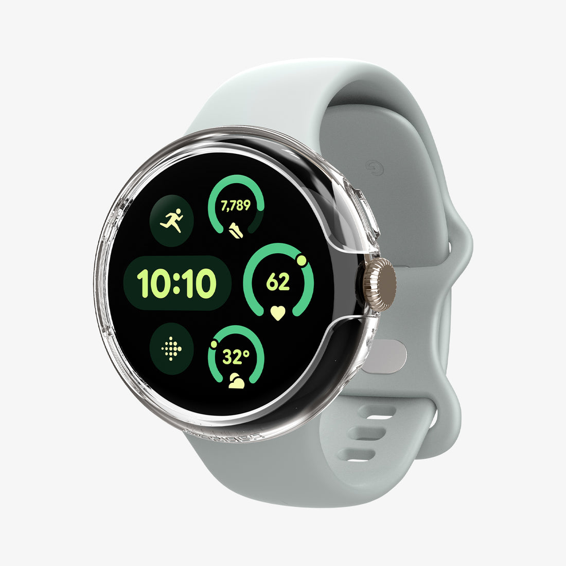 ACS07391 - Pixel Watch 2 Case Thin Fit in Crystal Clear showing the front, installed on a watch