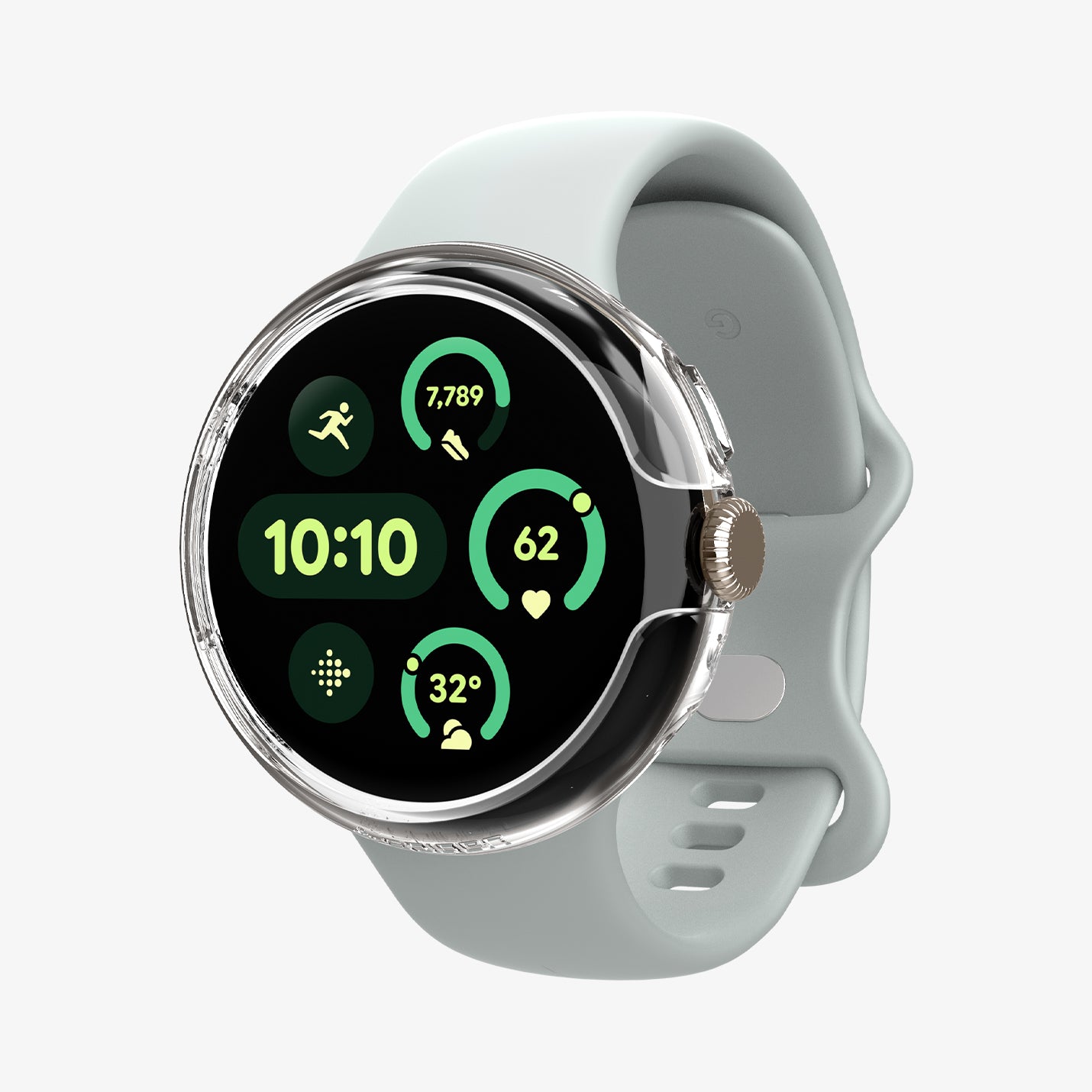 ACS07391 - Pixel Watch 2 Case Thin Fit in Crystal Clear showing the front, installed on a watch