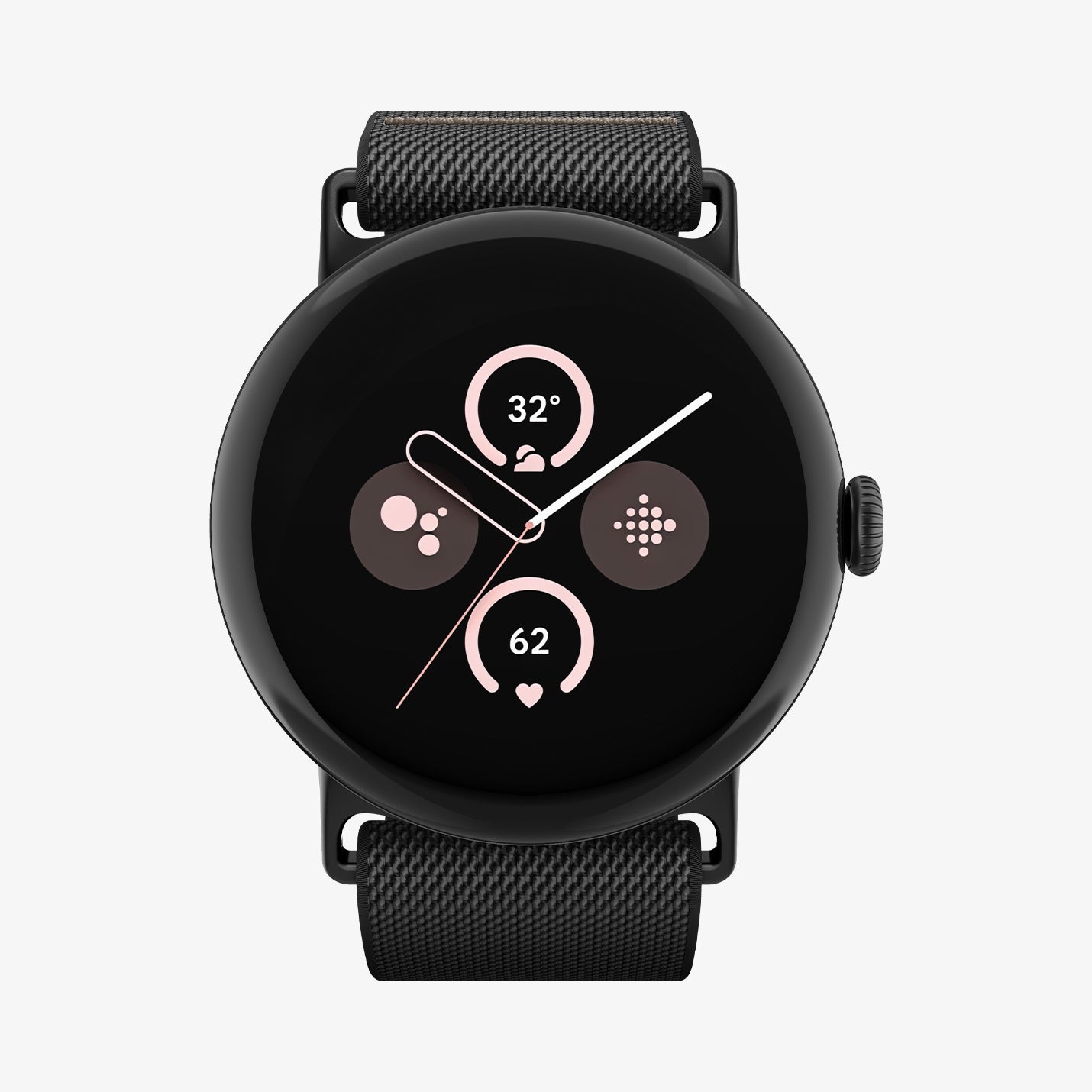 AMP07601 - Pixel Watch 5 (45mm) Lite Fit Black front view showcasing the slim woven watch band with a clean and minimalist design.