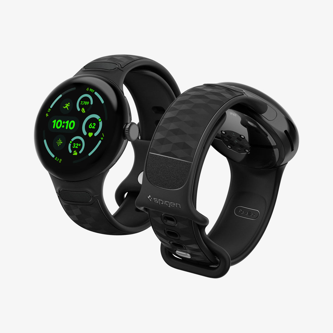 AMP10192 - Pixel Watch 5 (45mm) Parallax Matte Black showing the front, inside strap and side