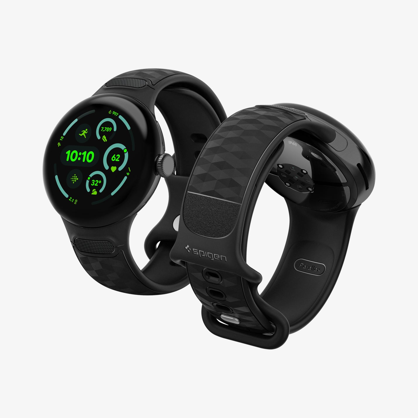 AMP10192 - GWdde Parallax Watch Band in black showing the front, inside strap and side