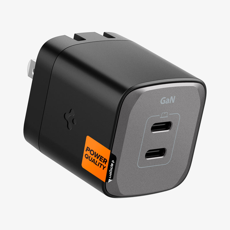 ACH05151 - ArcStation™ Pro GaN 452 Dual USB-C Wall Charger PE2203 in Midnight Black showing the top and sides of a wall charger with 2 usb c type port and a spigen power quality sticker