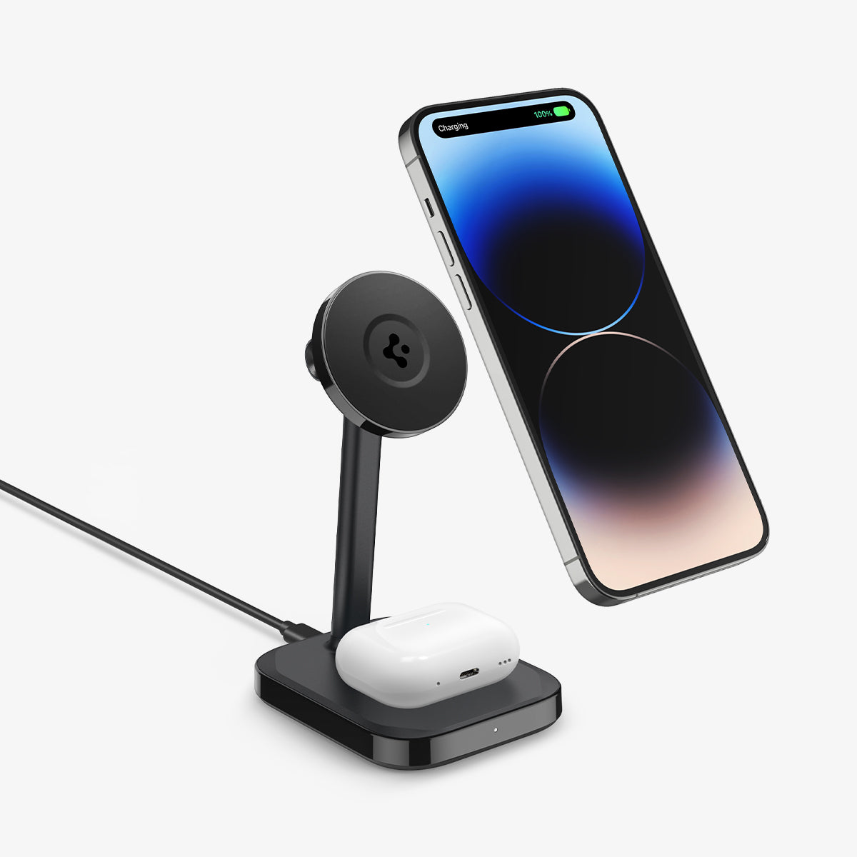 ACH05439 - ArcField™ Magnetic Wireless Charger Stand PF2100 (MagFit) in Black showing device hovering in front of a charger stand with another device