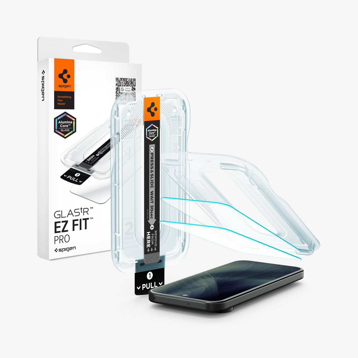 AGL11480 - Pixel 11 Pro  GLAS.tR EZ Fit Pro front view of the packaging, installation tray, screen protector, and phone with the installation tray separated to show the easy alignment system.