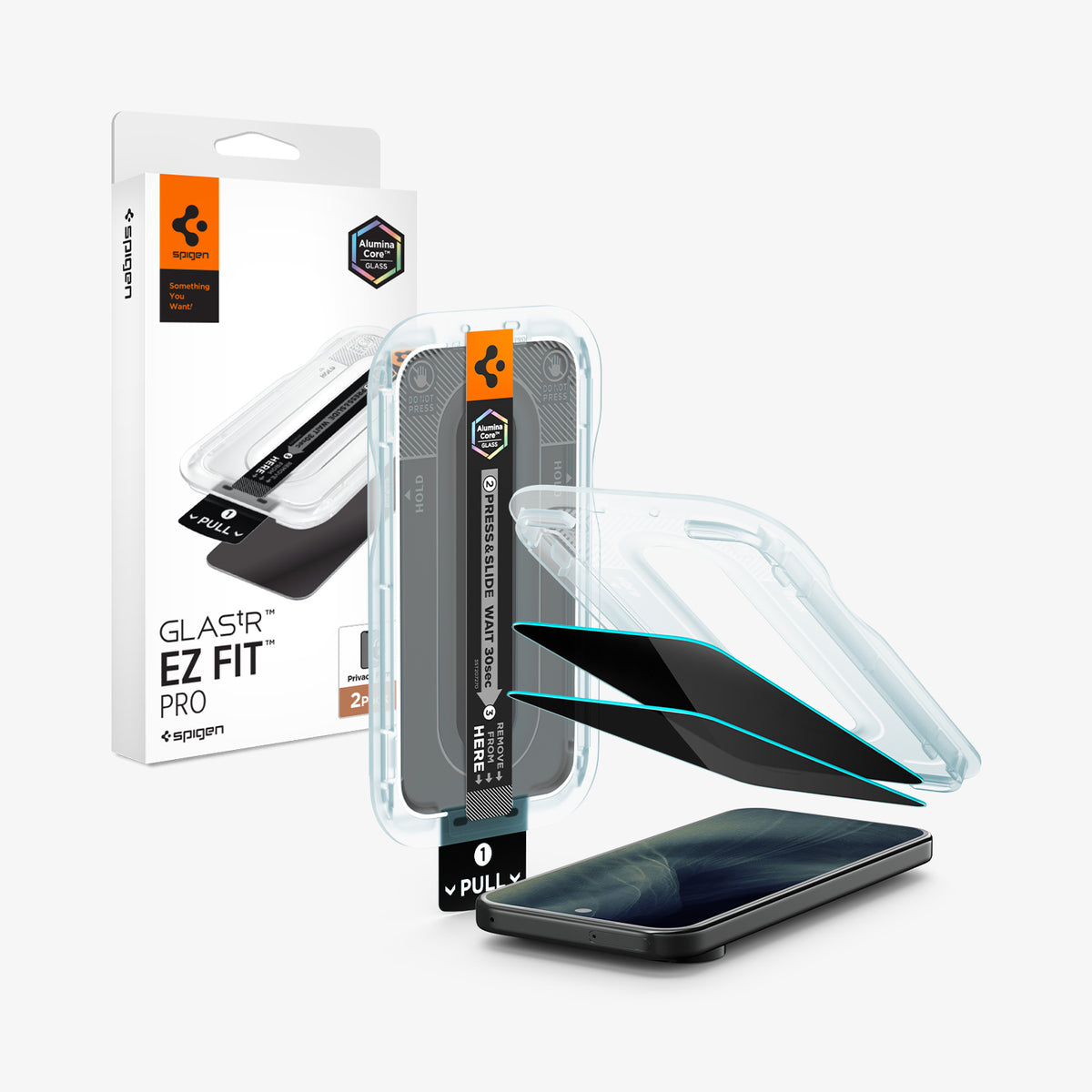 AGL11546 - Pixel 11 GLAS.tR EZ Fit | Privacy front and angled views of the EZ Fit installation tray, privacy tempered glass protectors, and packaging.