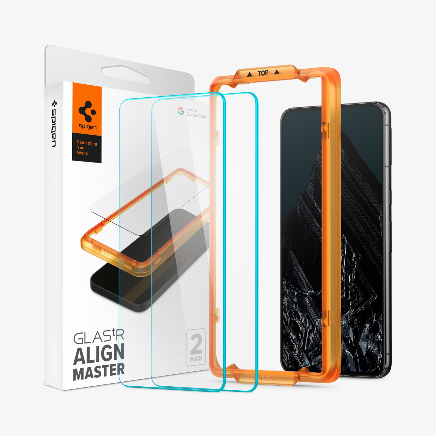AGL07395 - Pixel 8 Pro Alignmaster in Clear showing the tempered glass aligning with another tempered glass, the alignment tray and a device beside it, is the packaging