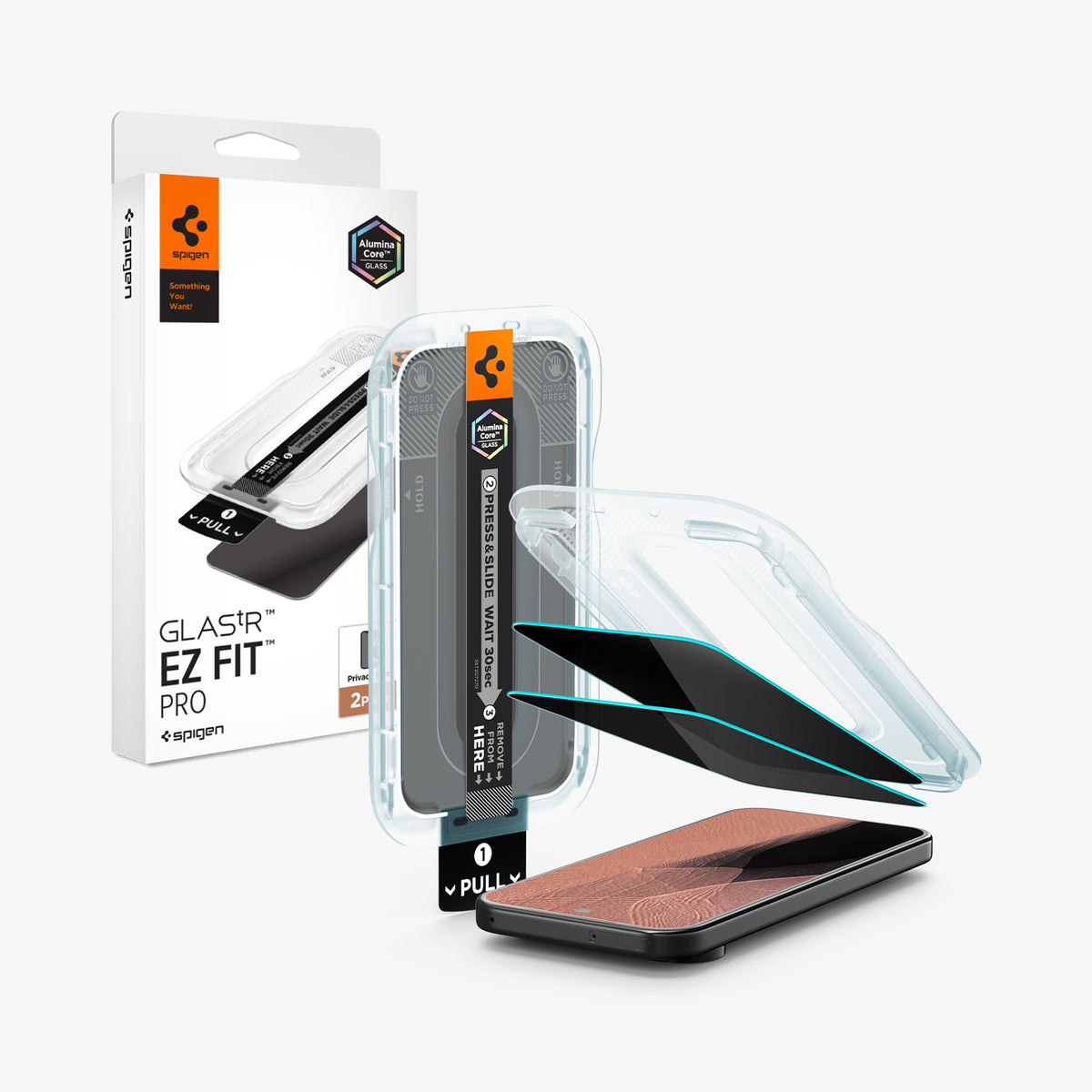 AGL11481 - Pixel 11 Pro  GLAS.tR EZ Fit | Privacy front and angled views of the EZ Fit installation tray, privacy tempered glass protectors, and packaging.