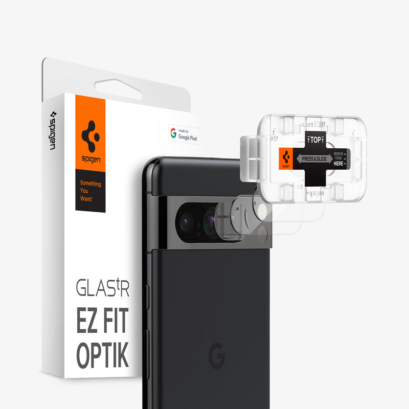 AGL07394 - Pixel 8 Pro Optik Lens Protector showing the device, two lens protectors, ez fit tray and packaging