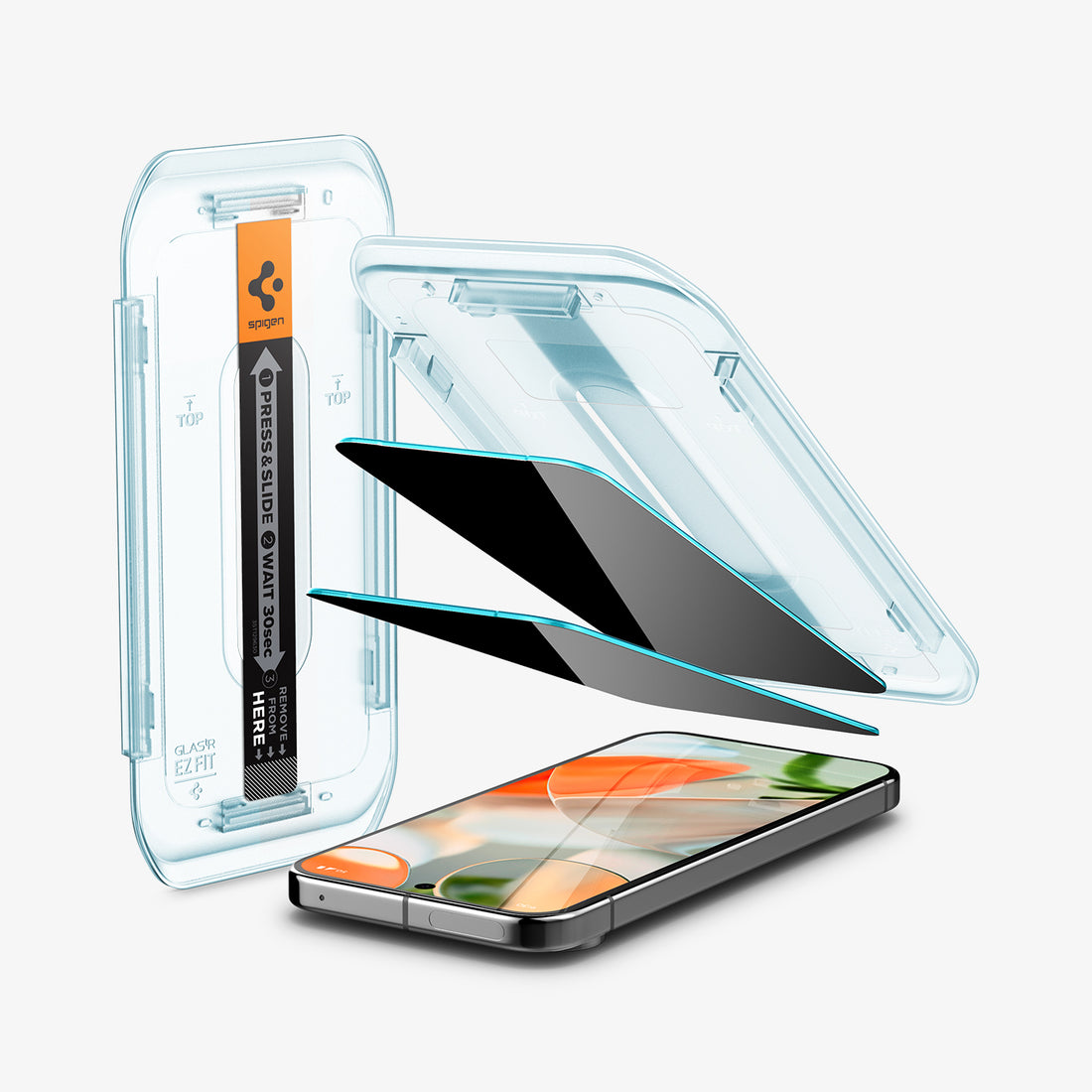 AGL09313 - Pixel 9 Pro XL GLAS.tR EZ Fit Privacy in Privacy showing the alignment tray hovering above the 2 screen protector and the device