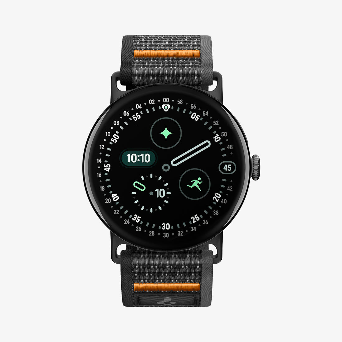 AMP11747 - Pixel Watch 5 (45mm) Athlex Air Active Black Orange front view highlighting the clean and minimalist woven band design.