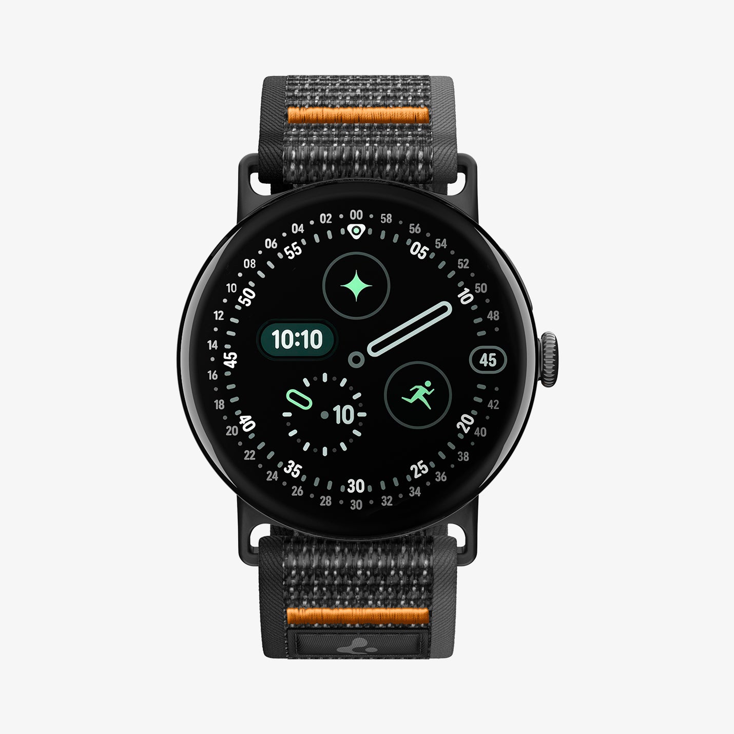 AMP11747 - Pixel Watch 5 (45mm) Athlex Air Active Black Orange front view highlighting the clean and minimalist woven band design.