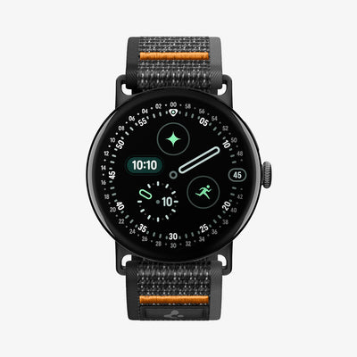 AMP11747 - Pixel Watch 5 (45mm) Athlex Air Active Black Orange front view highlighting the clean and minimalist woven band design.
