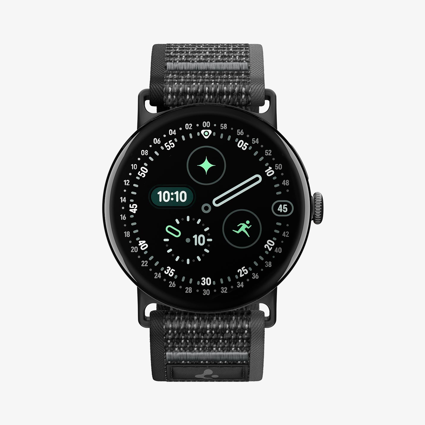 AMP11753 - Pixel Watch 5 (41mm) Athlex Air Active Black Gray front view highlighting the clean and minimalist woven band design.