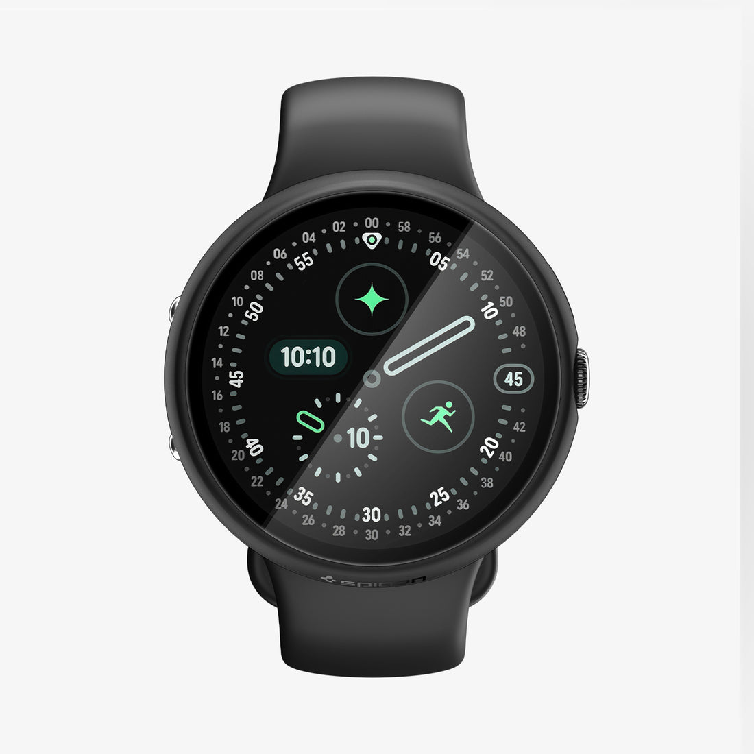 ACS11746 - Pixel Watch 5 (45mm) Thin Fit 360 Black front view showcasing the slim watch case with a built-in tempered glass screen protector for all-around coverage.