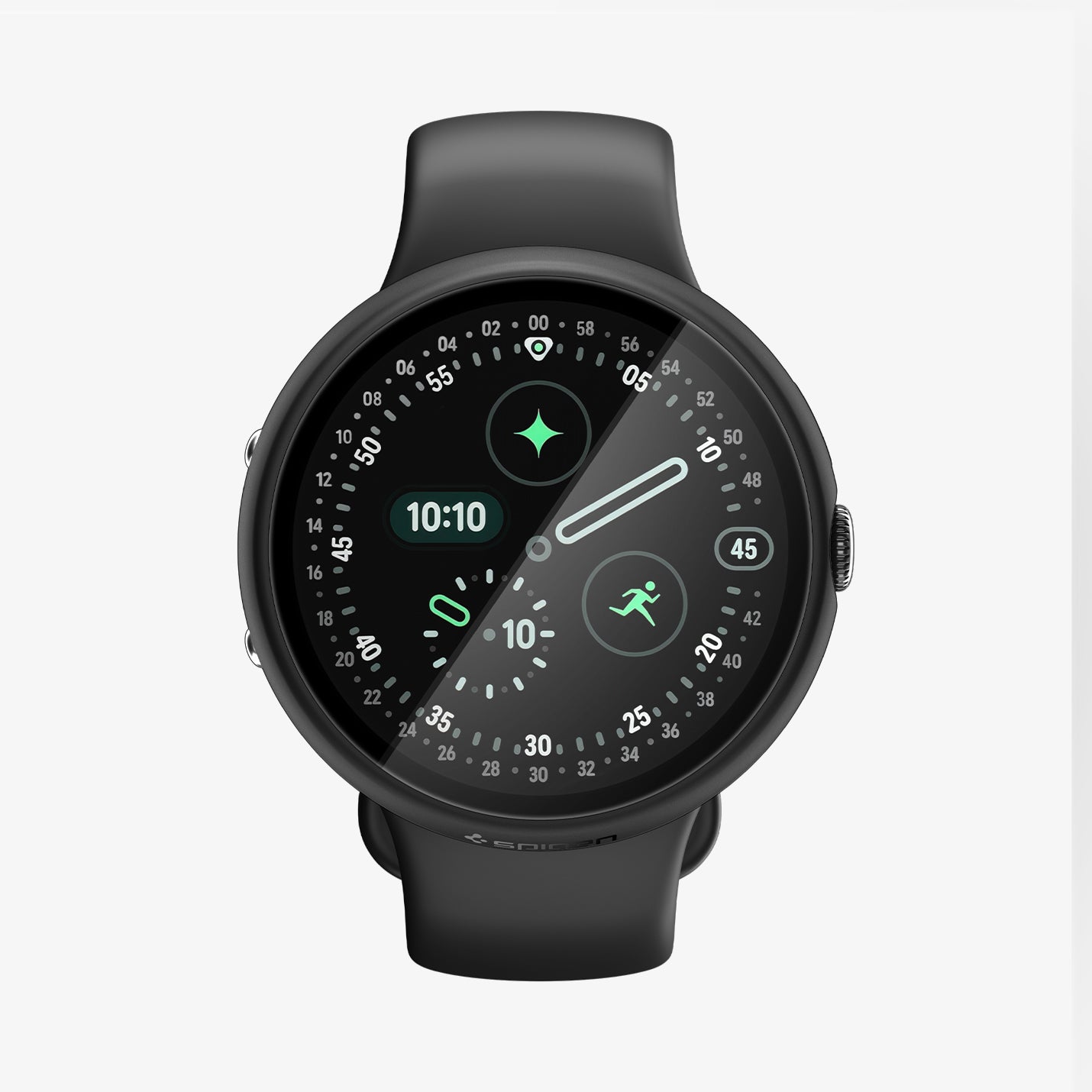 ACS11746 - Pixel Watch 5 (45mm) Thin Fit 360 Black front view showcasing the slim watch case with a built-in tempered glass screen protector for all-around coverage.